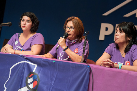 Milagro Pau en la conferencia de prensa de esta mañana, en el local del PIT-CNT | Fotos: Ricardo Antúnez / adhocFotos